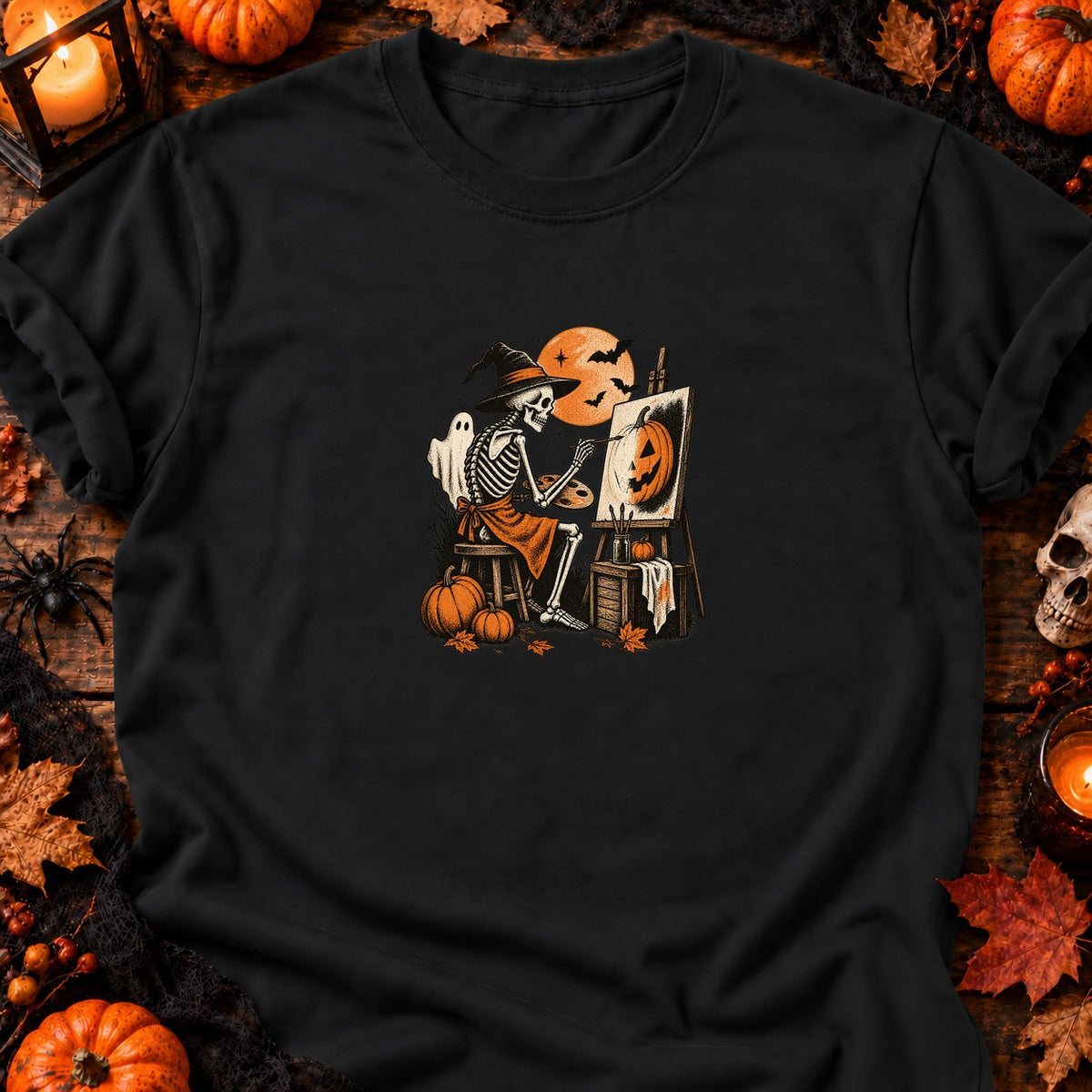 Squelette peintre citrouille vintage — T-shirt noir