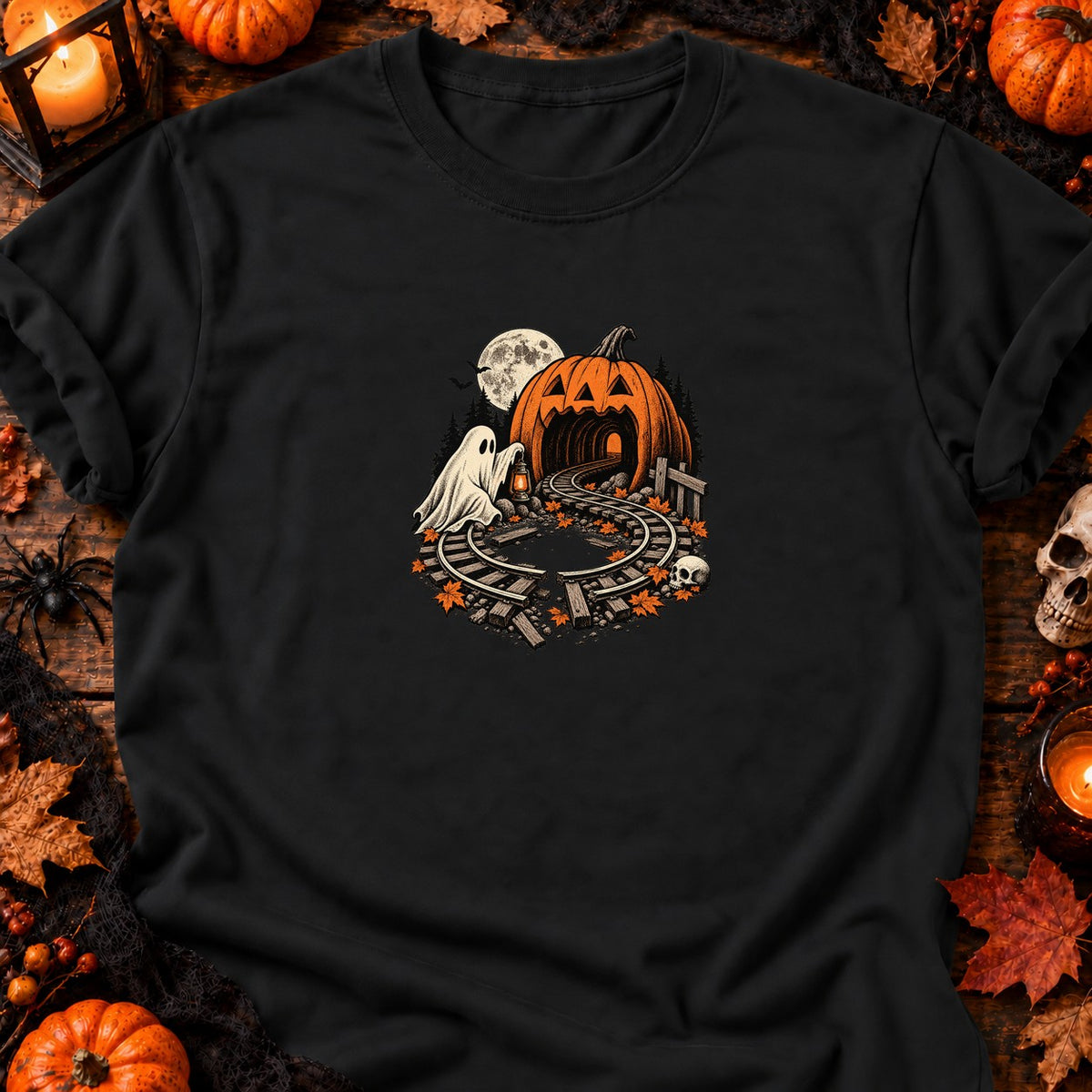 Fantôme et circuit de train d’Halloween — T-shirt noir