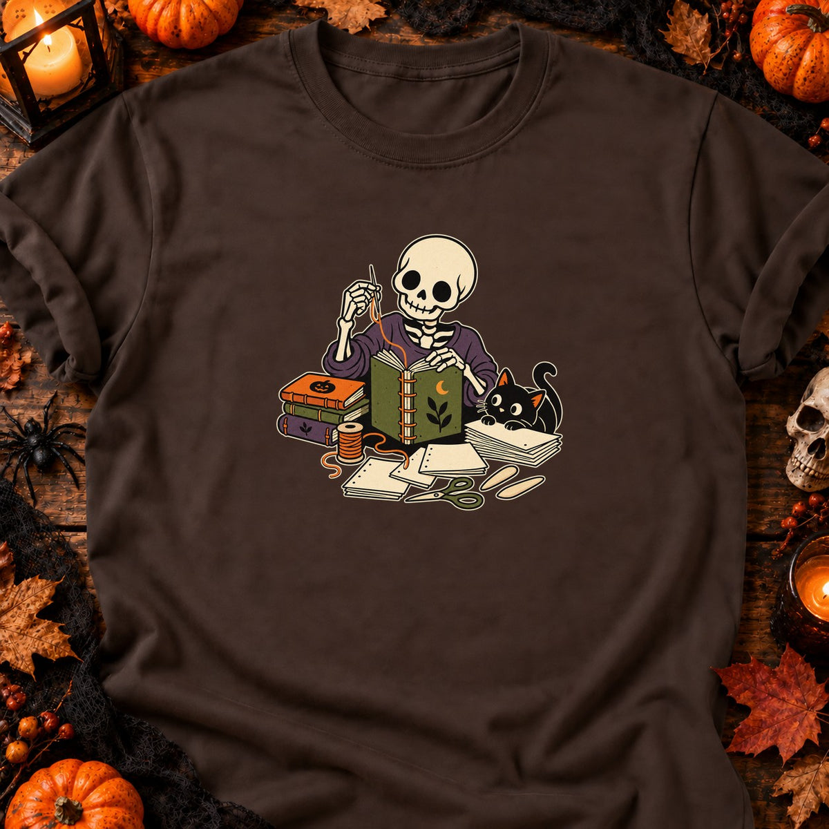 Squelette relieur d’Halloween — T-shirt chocolat