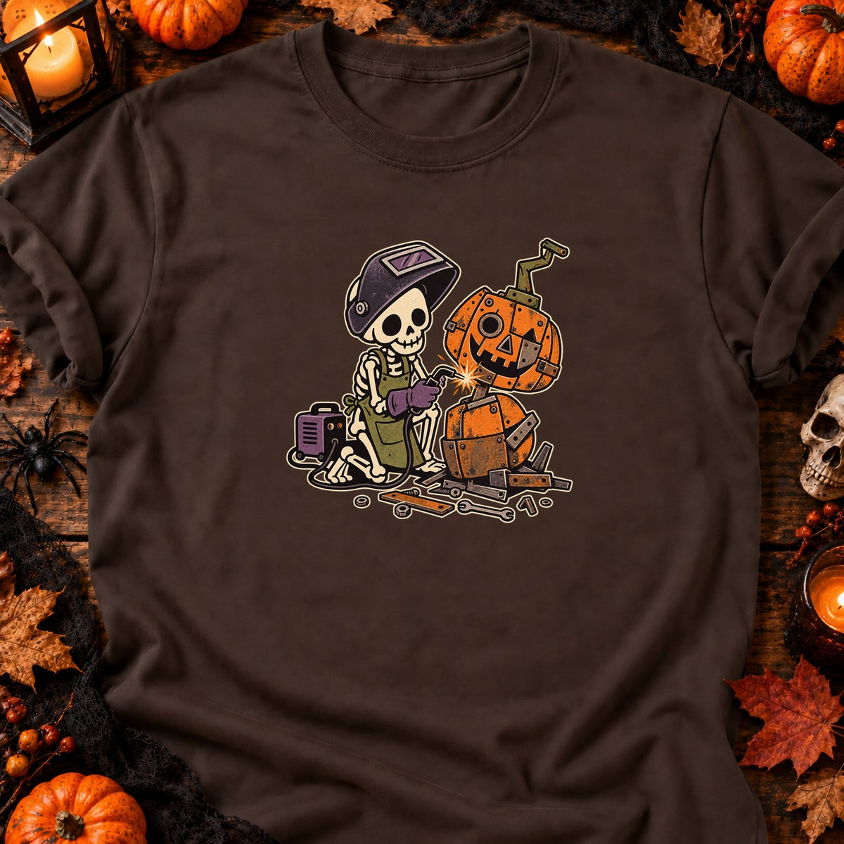 Squelette soudeur de citrouille — T-shirt chocolat