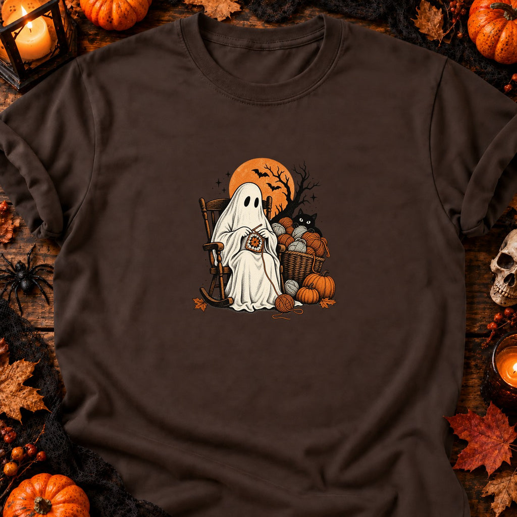 Fantôme crochetant un carré fleuri — T-shirt chocolat