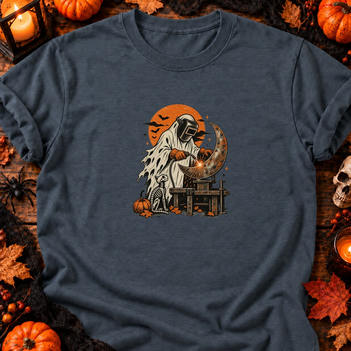 Fantôme soudeur et lune en métal — T-shirt gris anthracite chiné