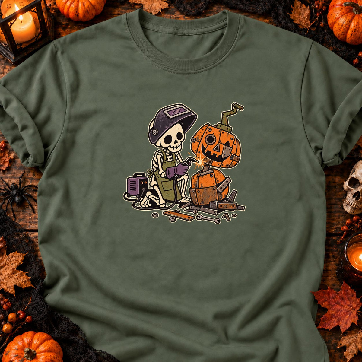 Squelette soudeur de citrouille — T-shirt vert militaire