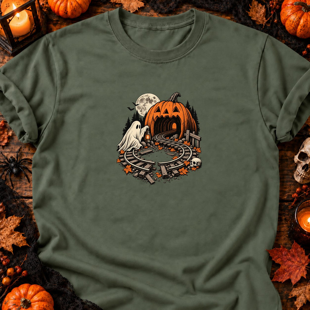 Fantôme et circuit de train d’Halloween — T-shirt vert militaire