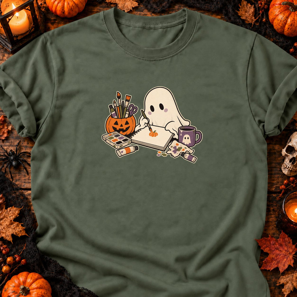 Fantôme peignant une citrouille — T-shirt vert militaire
