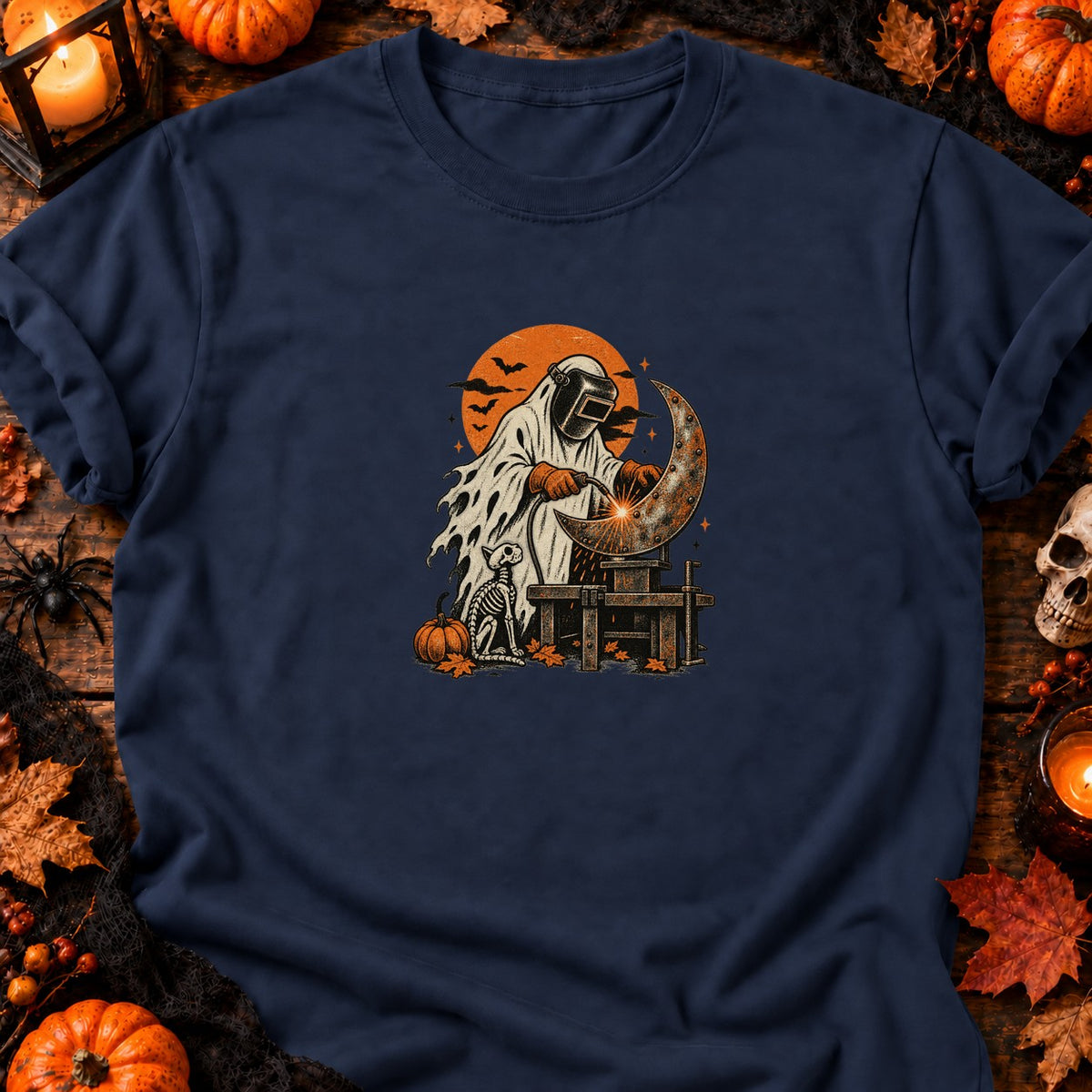 Fantôme soudeur et lune en métal — T-shirt bleu marine