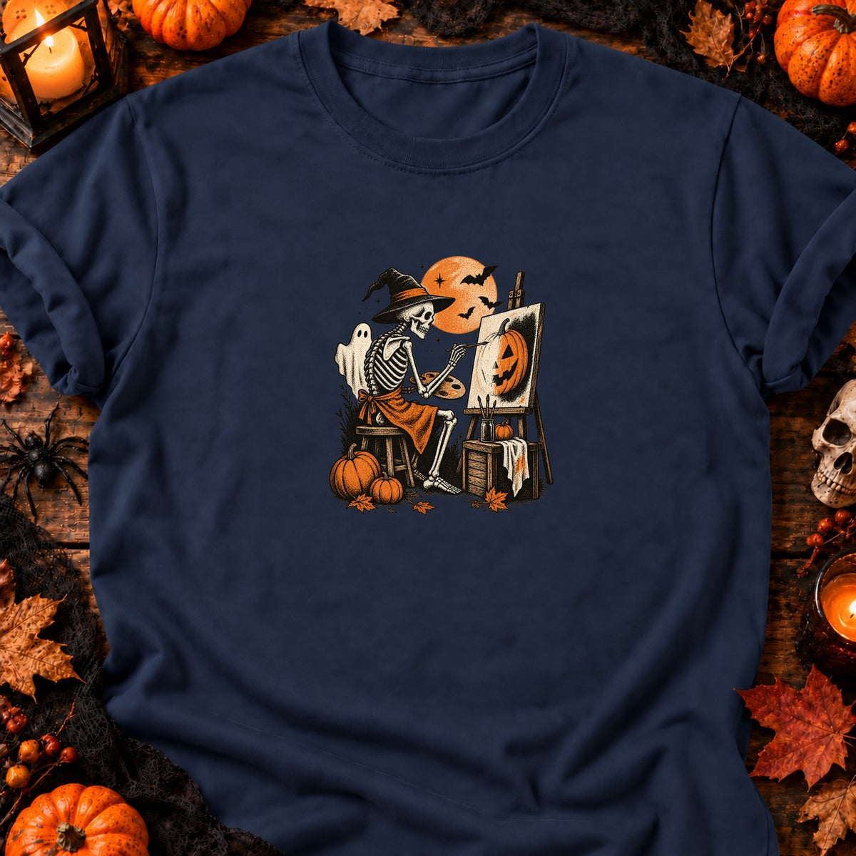 Squelette peintre citrouille vintage — T-shirt bleu marine
