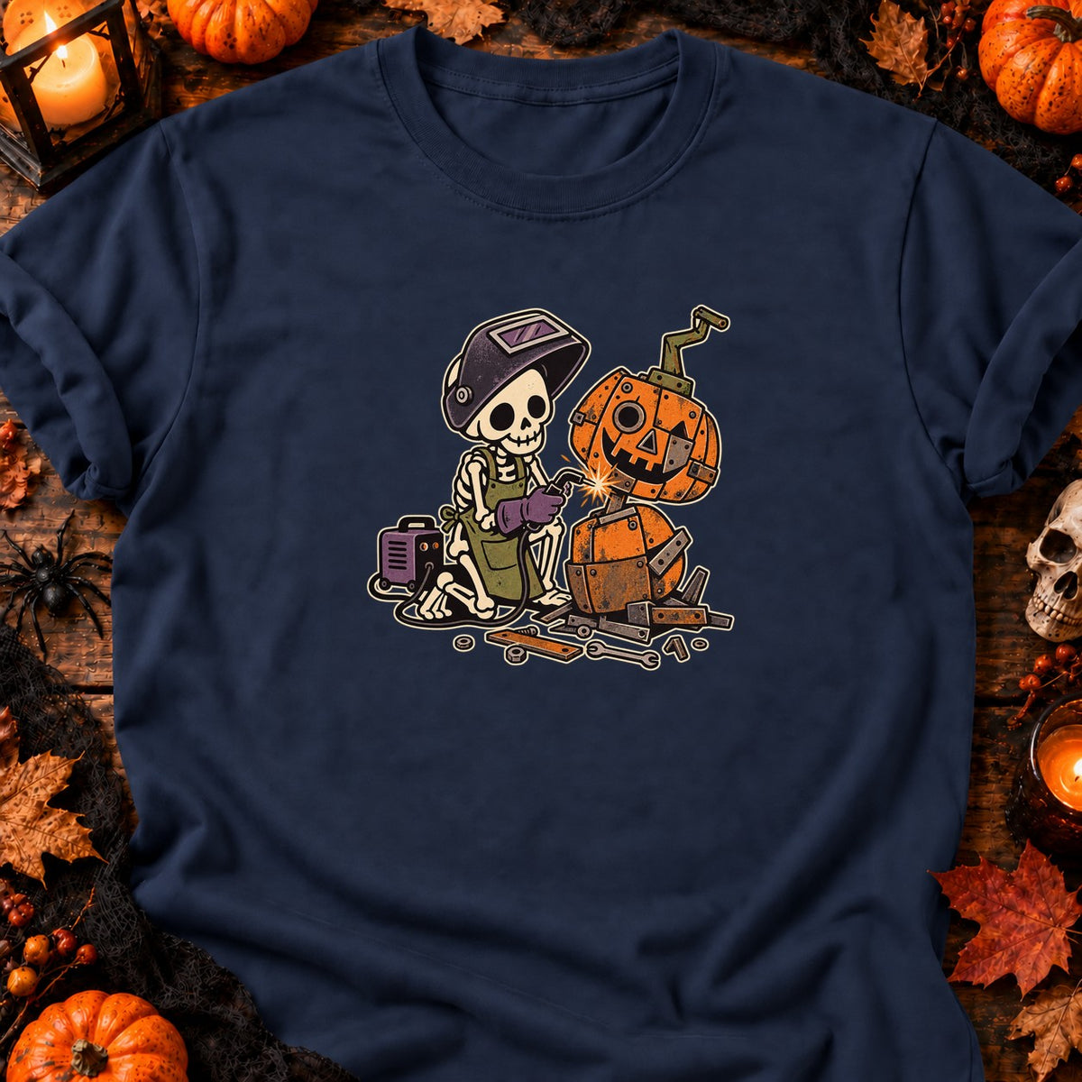 Squelette soudeur de citrouille — T-shirt bleu marine