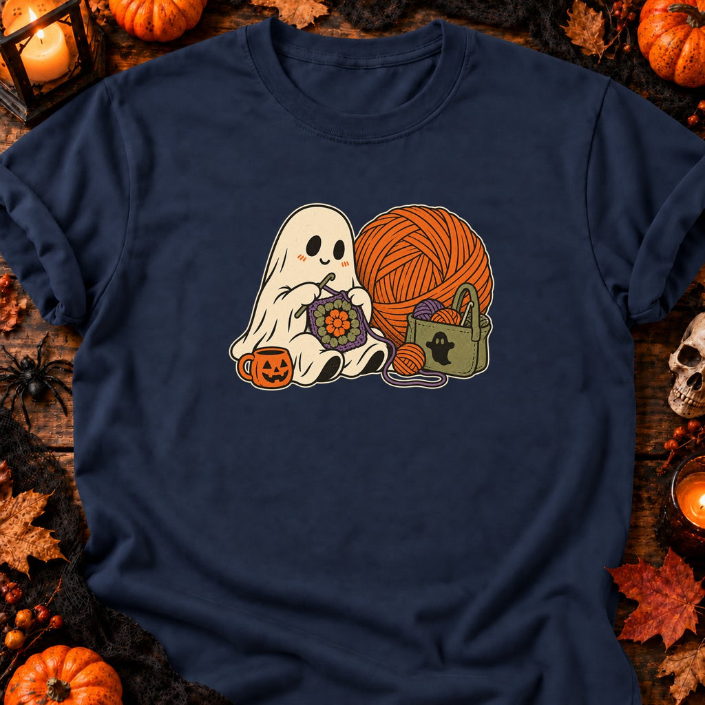 Fantôme au crochet et carré fleuri — T-shirt bleu marine