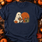 Fantôme au crochet et carré fleuri — T-shirt bleu marine