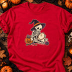 Squelette brodant une fleur — T-shirt rouge