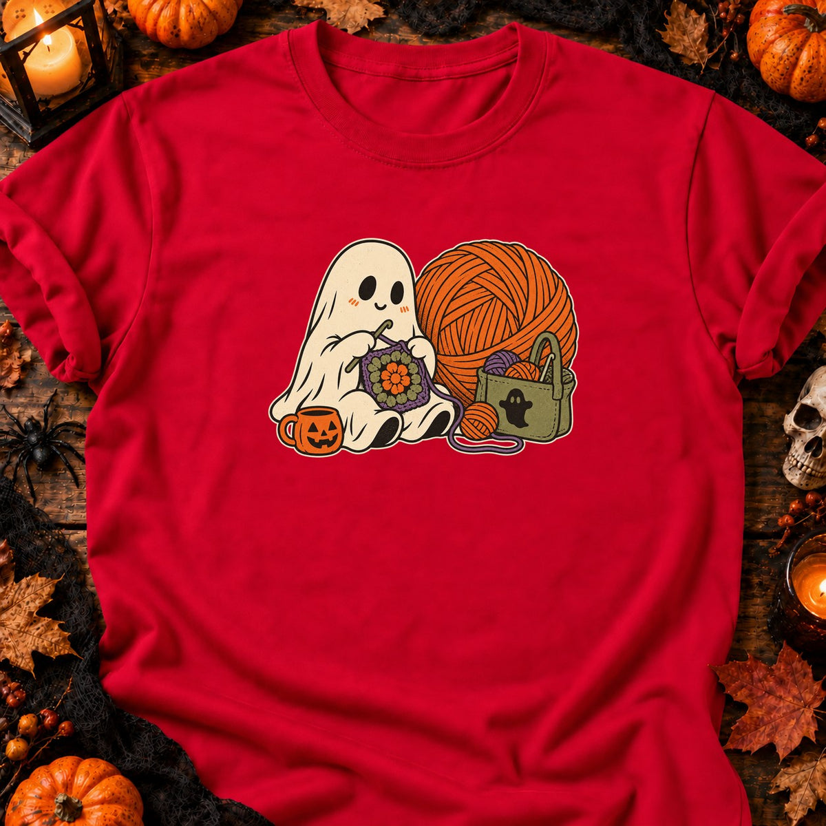 Fantôme au crochet et carré fleuri — T-shirt rouge