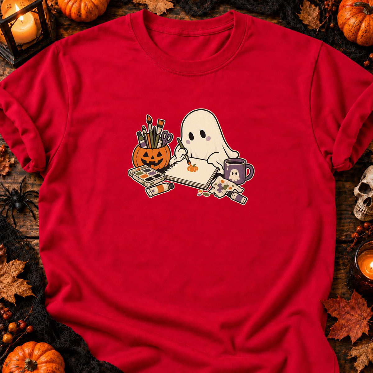Fantôme peignant une citrouille — T-shirt rouge