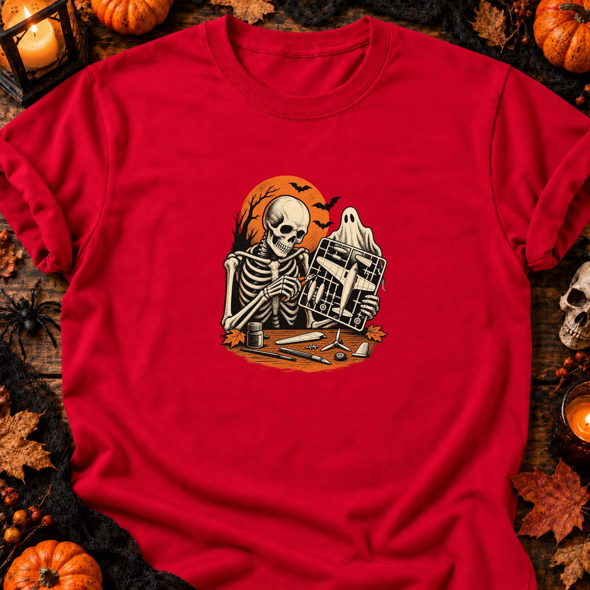 Squelette maquettiste avion vintage — T-shirt rouge