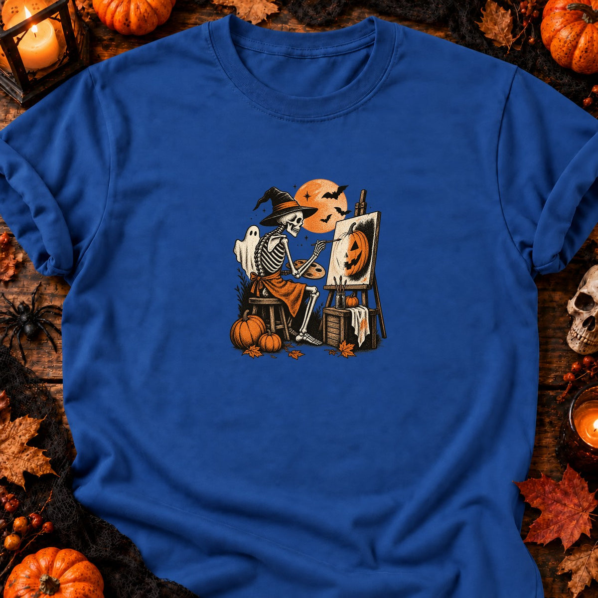 Squelette peintre citrouille vintage — T-shirt bleu roi