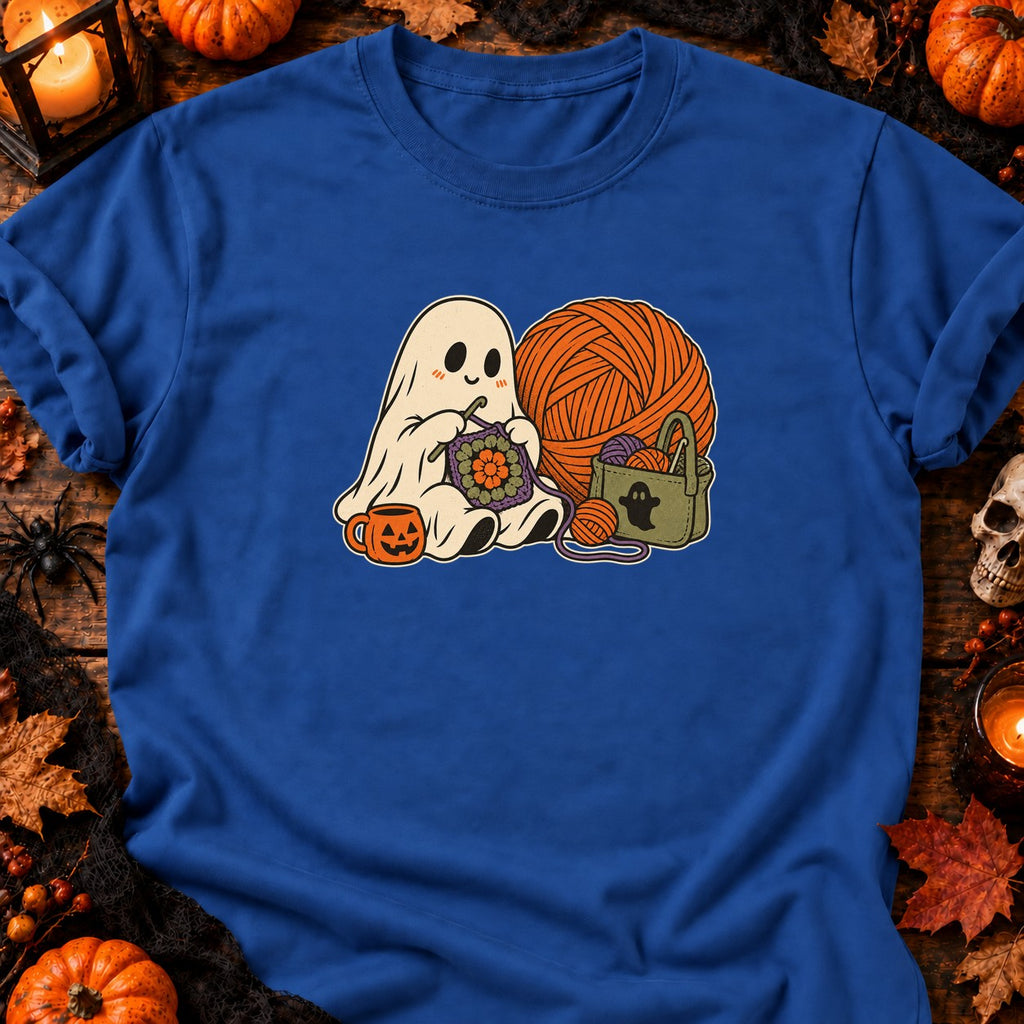 Fantôme au crochet et carré fleuri — T-shirt bleu roi
