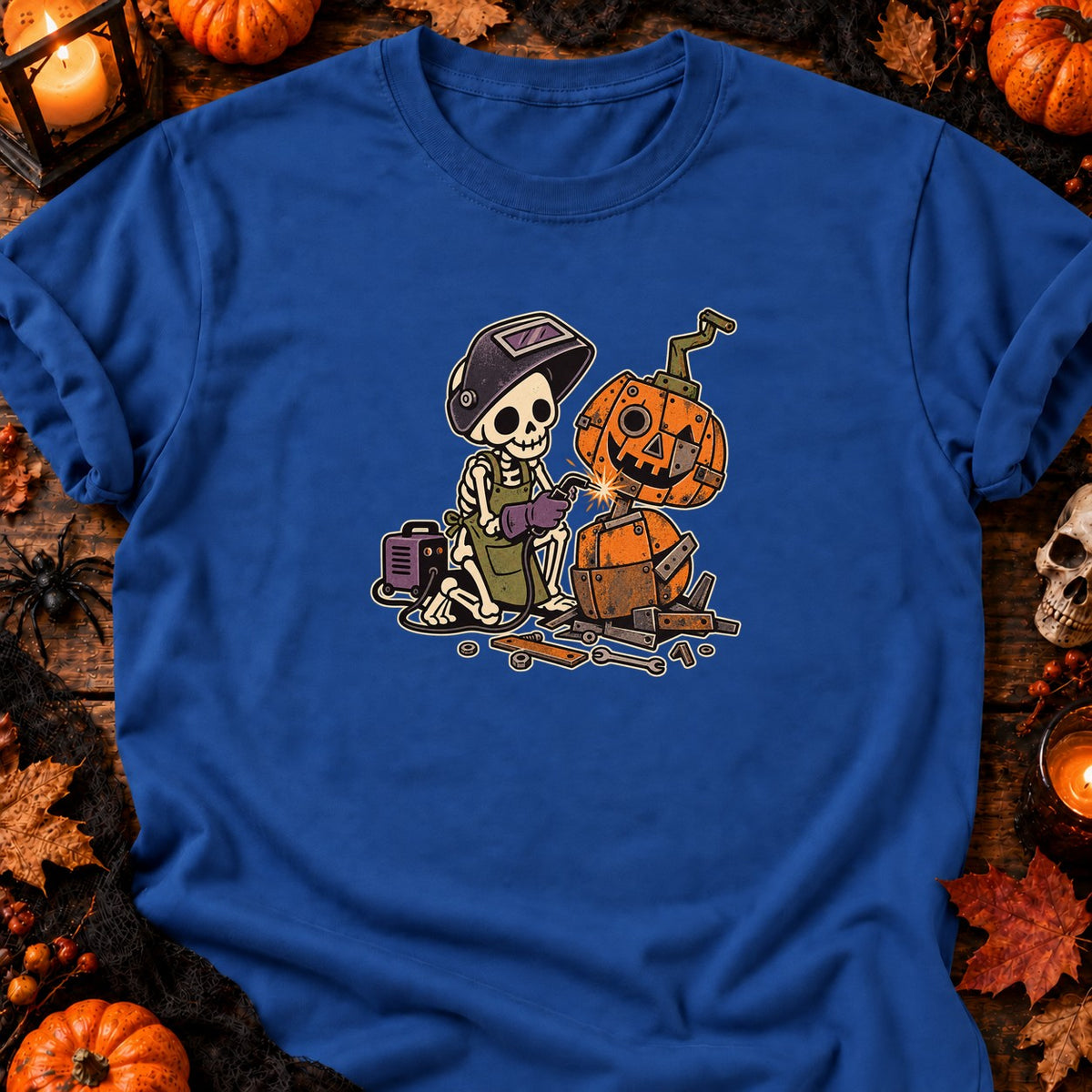 Squelette soudeur de citrouille — T-shirt bleu roi