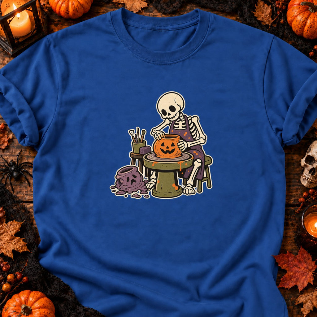 Squelette potier et citrouille — T-shirt bleu roi