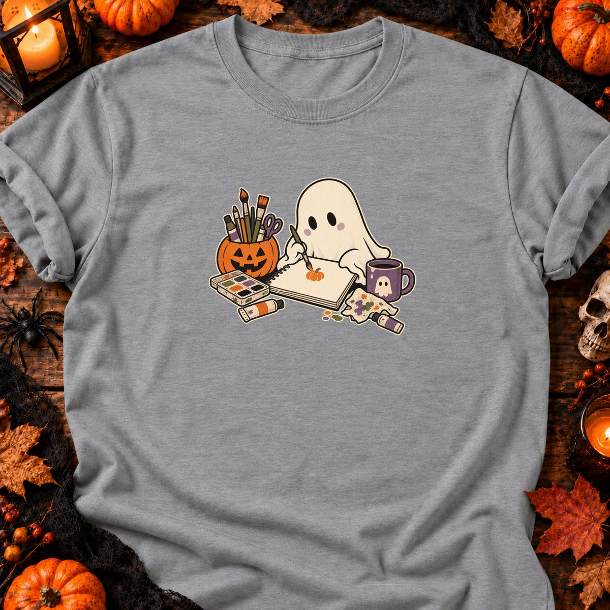 Fantôme peignant une citrouille — T-shirt gris chiné