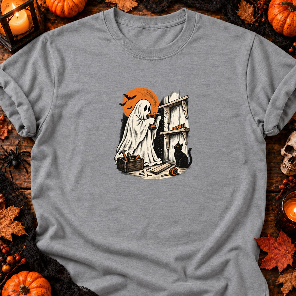 Fantôme bricoleur et étagère inachevée — T-shirt gris chiné