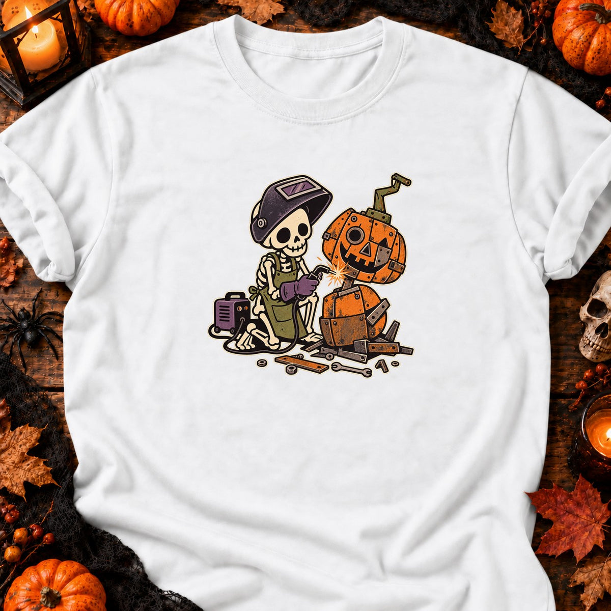 Squelette soudeur de citrouille — T-shirt blanc