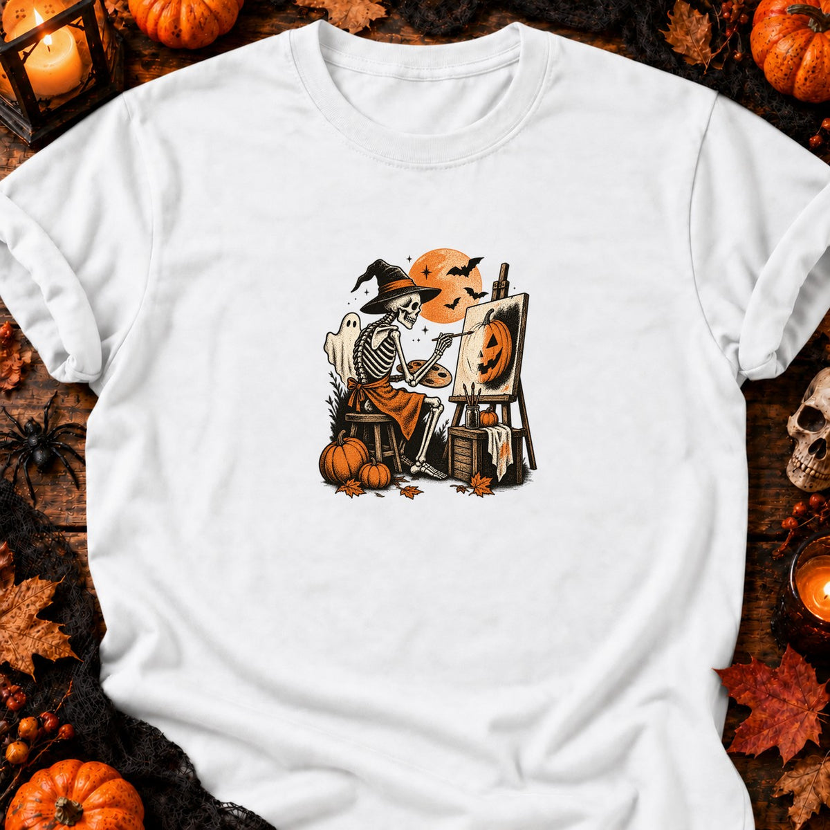 Squelette peintre citrouille vintage — T-shirt blanc