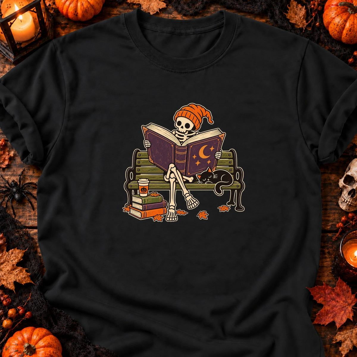 T-shirt Squelette lecteur sur banc parc, coloris noir