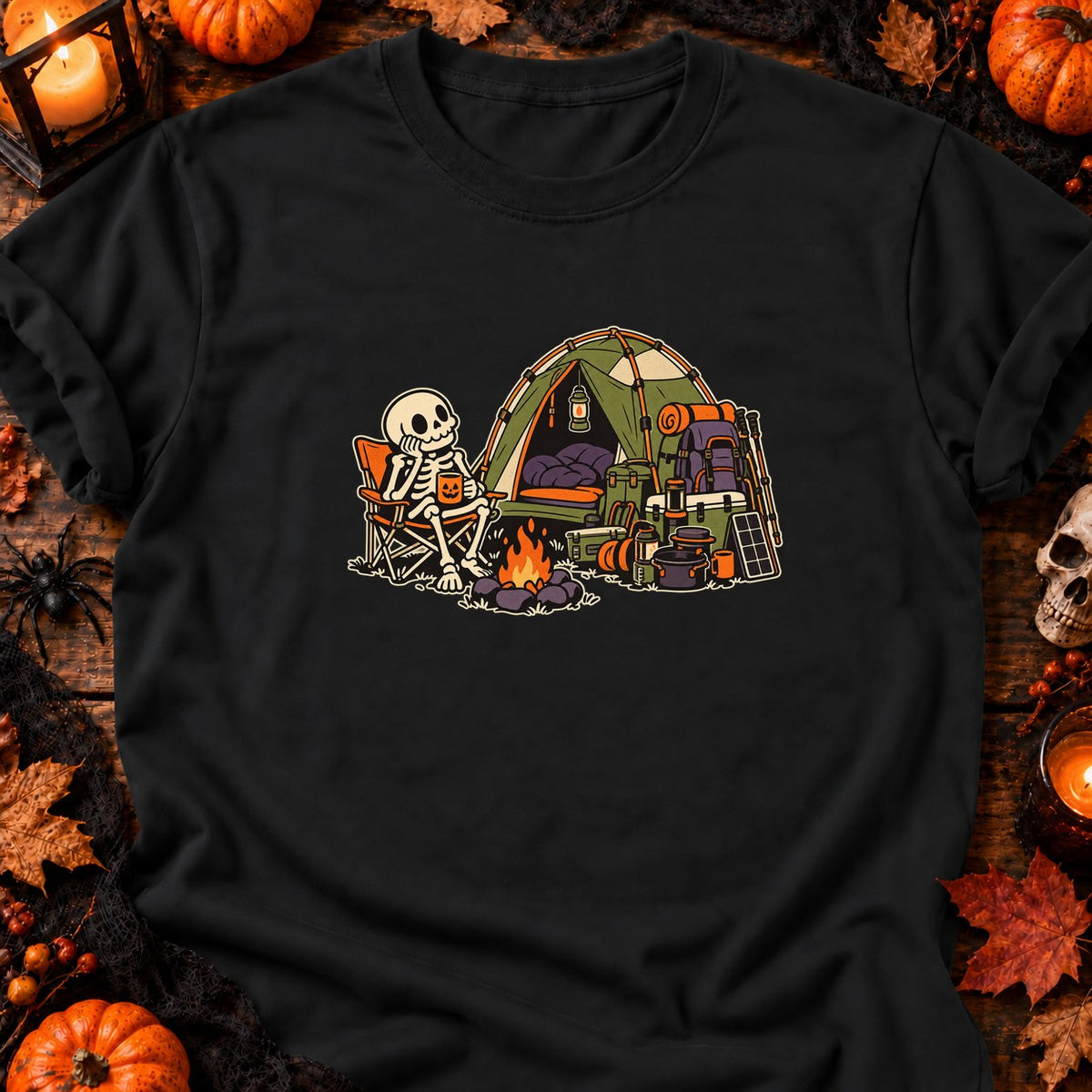 T-shirt Camping squelette Halloween, coloris noir
