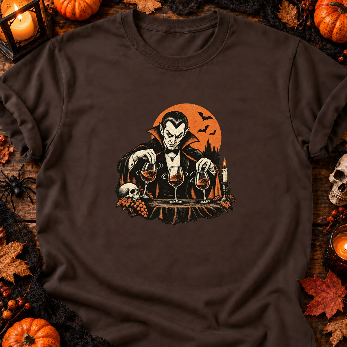 T-shirt Vampire et verres de vin, coloris chocolat foncé