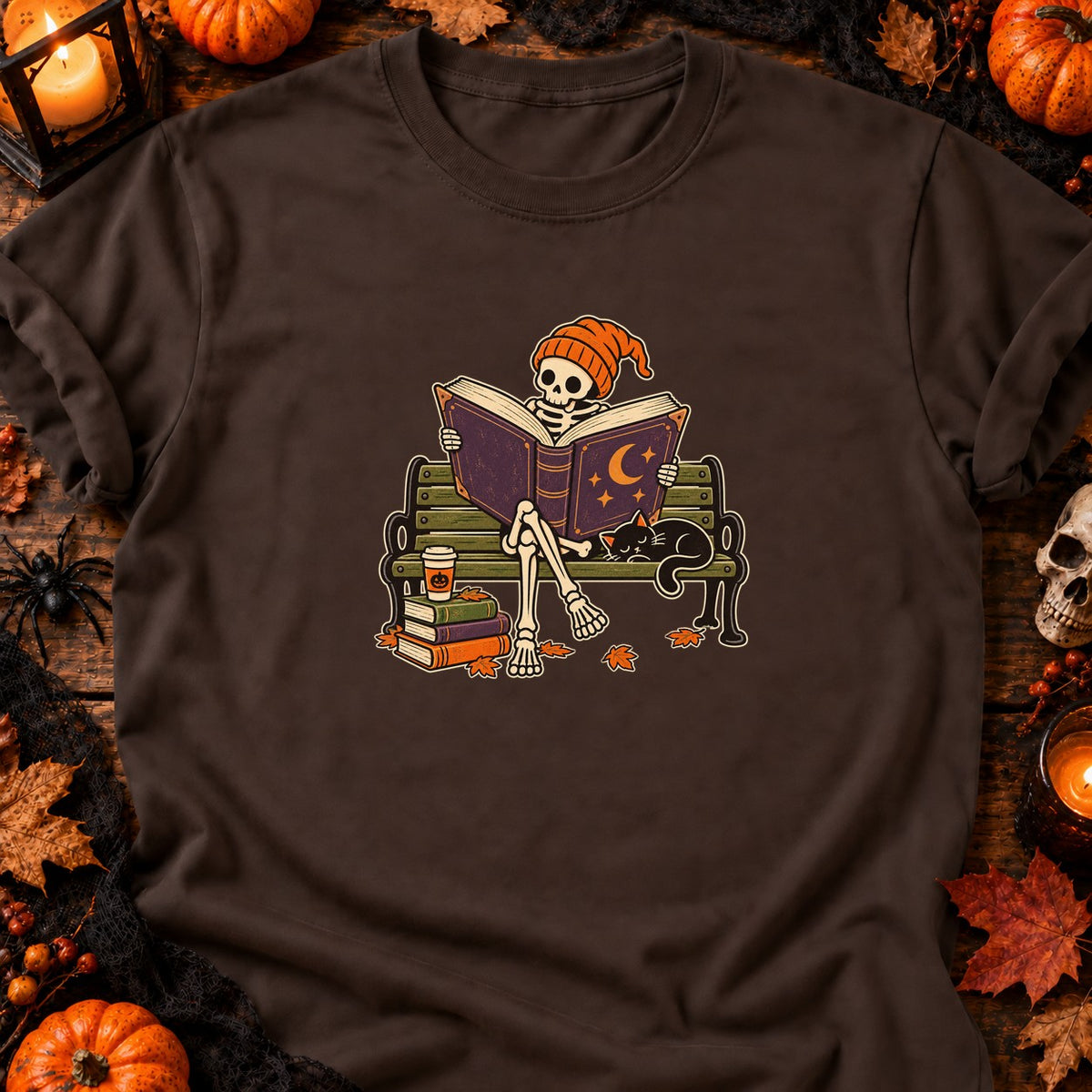 T-shirt Squelette lecteur sur banc parc, coloris chocolat foncé