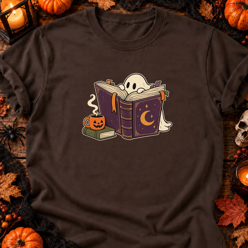T-shirt Fantôme lecteur et café d’Halloween, coloris chocolat foncé