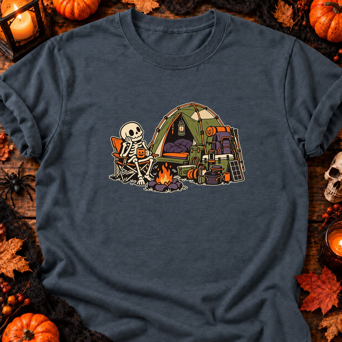 T-shirt Camping squelette Halloween, coloris gris foncé chiné
