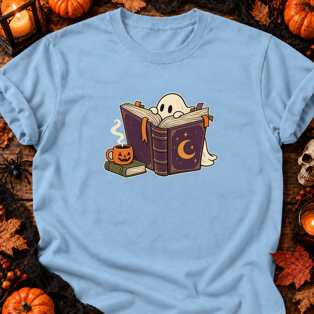 T-shirt Fantôme lecteur et café d’Halloween, coloris bleu clair