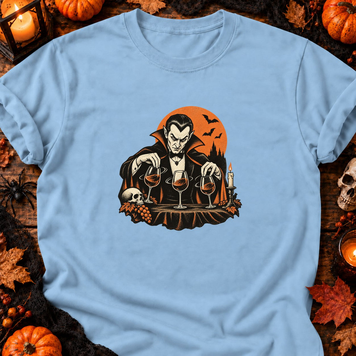 T-shirt Vampire et verres de vin, coloris bleu clair