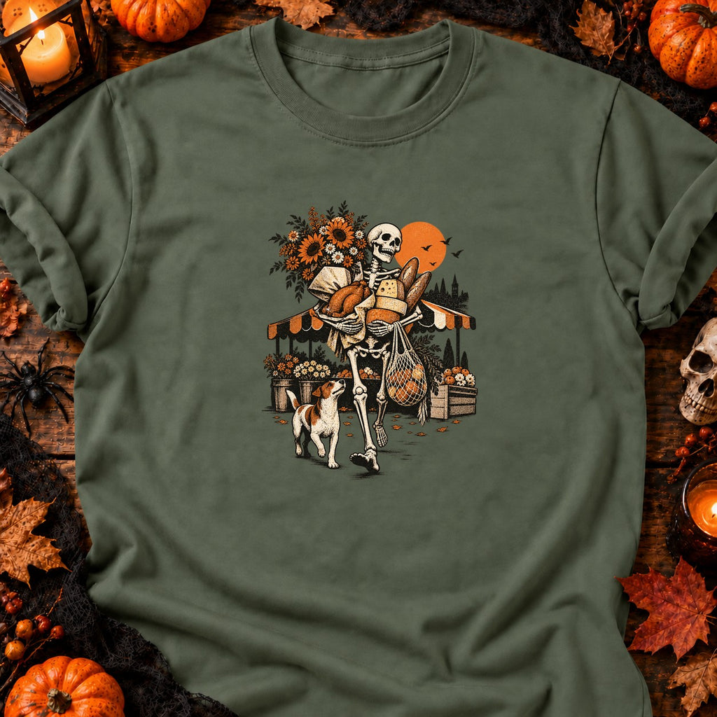 T-shirt Squelette au marché fleuri, coloris vert militaire
