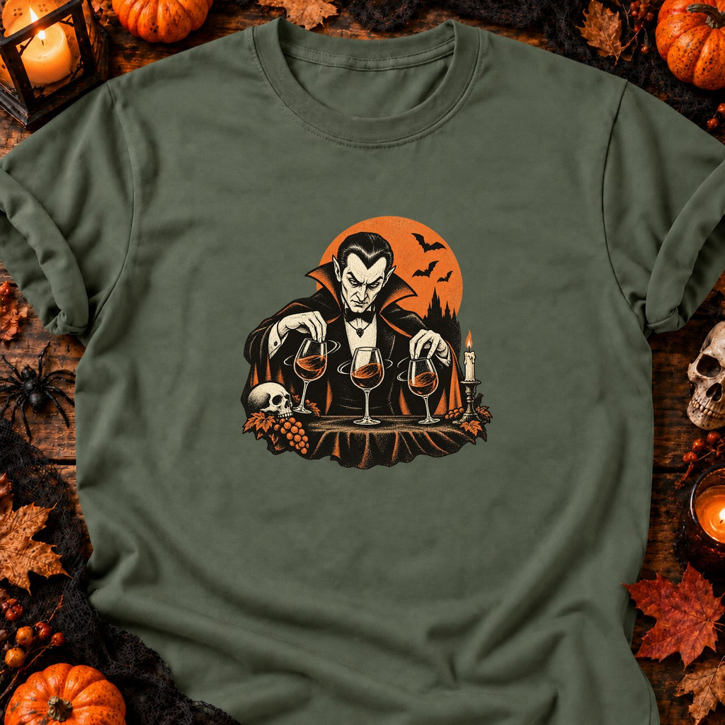 T-shirt Vampire et verres de vin, coloris vert militaire