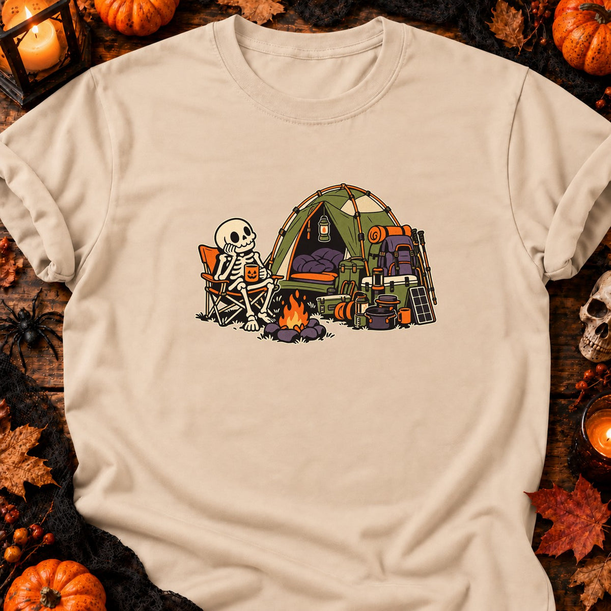 T-shirt Camping squelette Halloween, coloris naturel