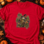 T-shirt Sorcière au balcon et plantes d’Halloween, coloris rouge