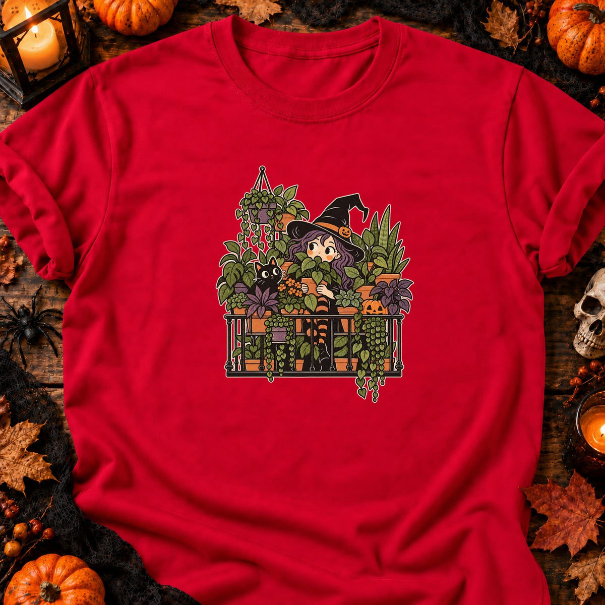 T-shirt Sorcière au balcon et plantes d’Halloween, coloris rouge