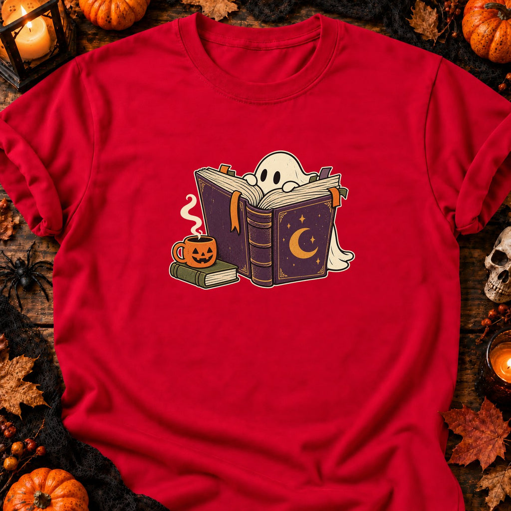 T-shirt Fantôme lecteur et café d’Halloween, coloris rouge