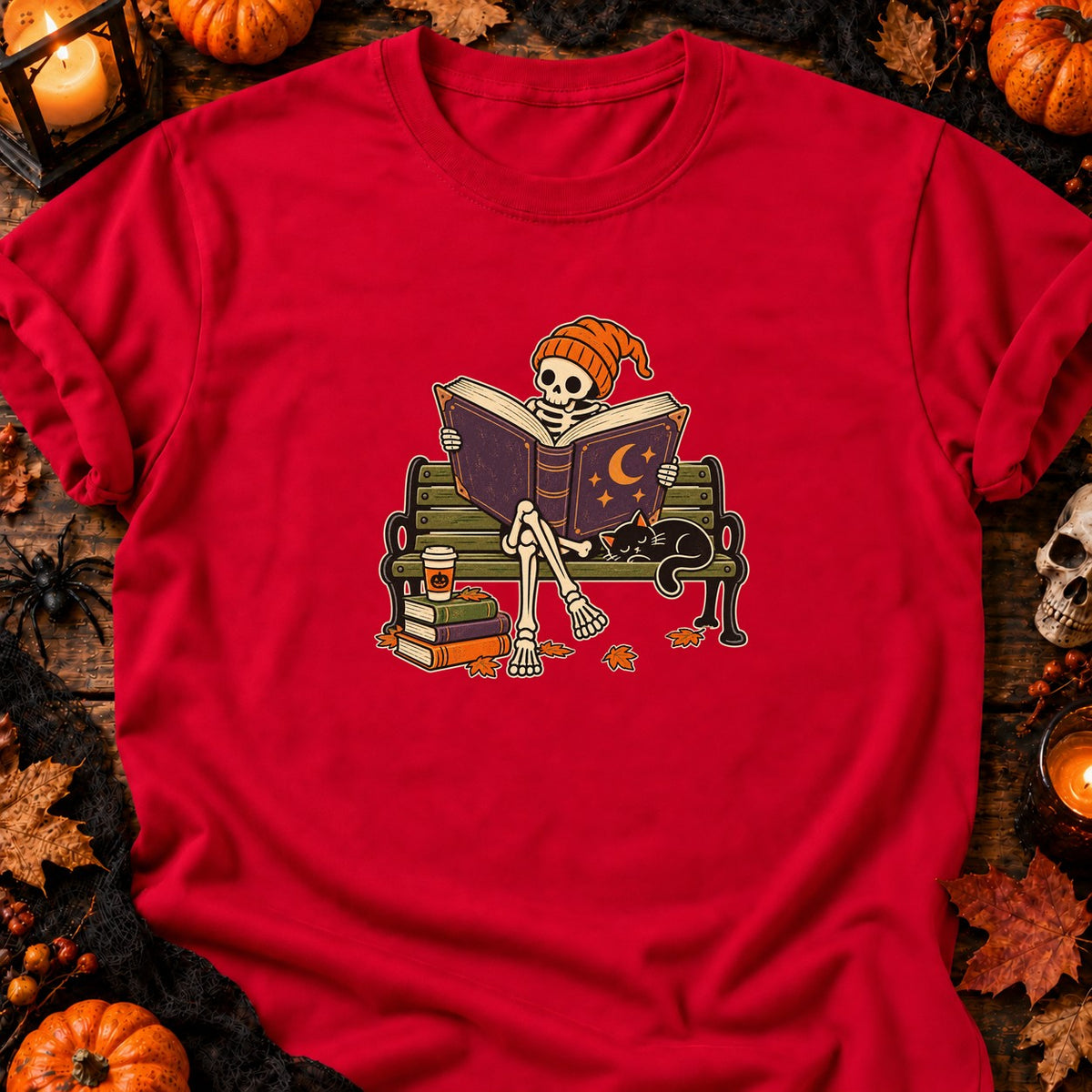 T-shirt Squelette lecteur sur banc parc, coloris rouge