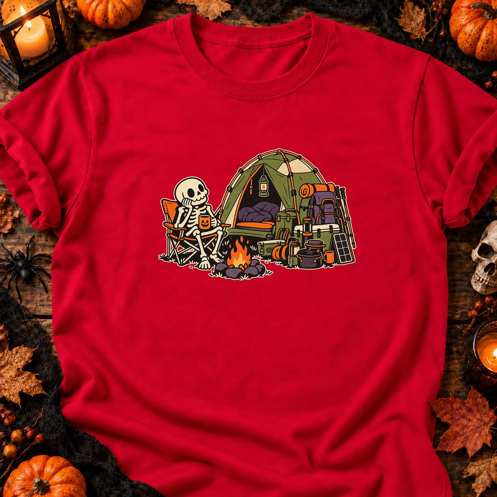 T-shirt Camping squelette Halloween, coloris rouge