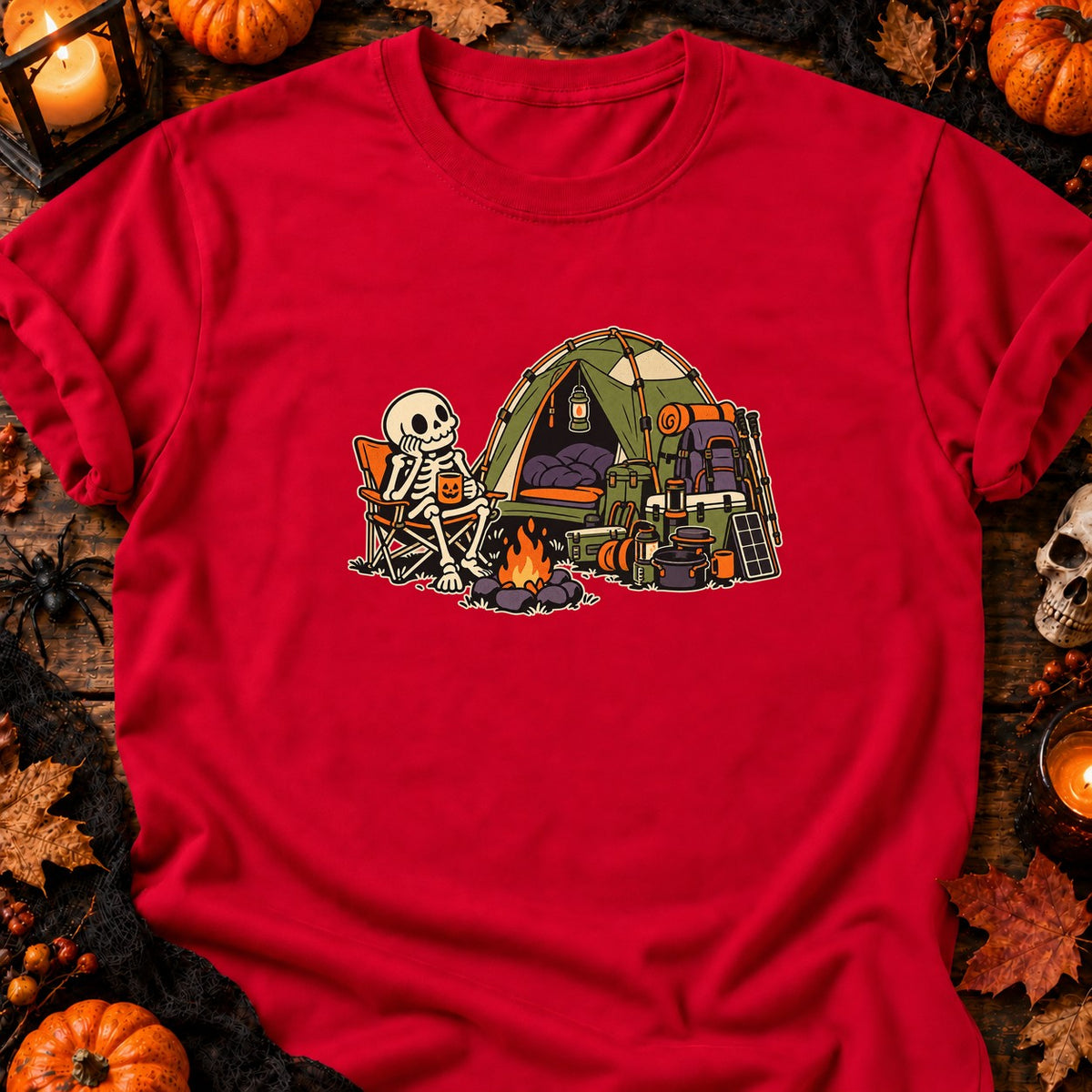 T-shirt Camping squelette Halloween, coloris rouge