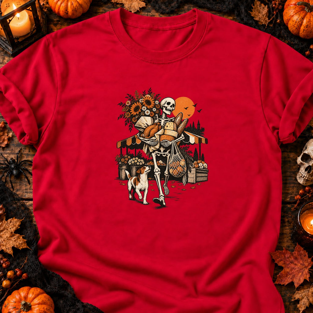 T-shirt Squelette au marché fleuri, coloris rouge