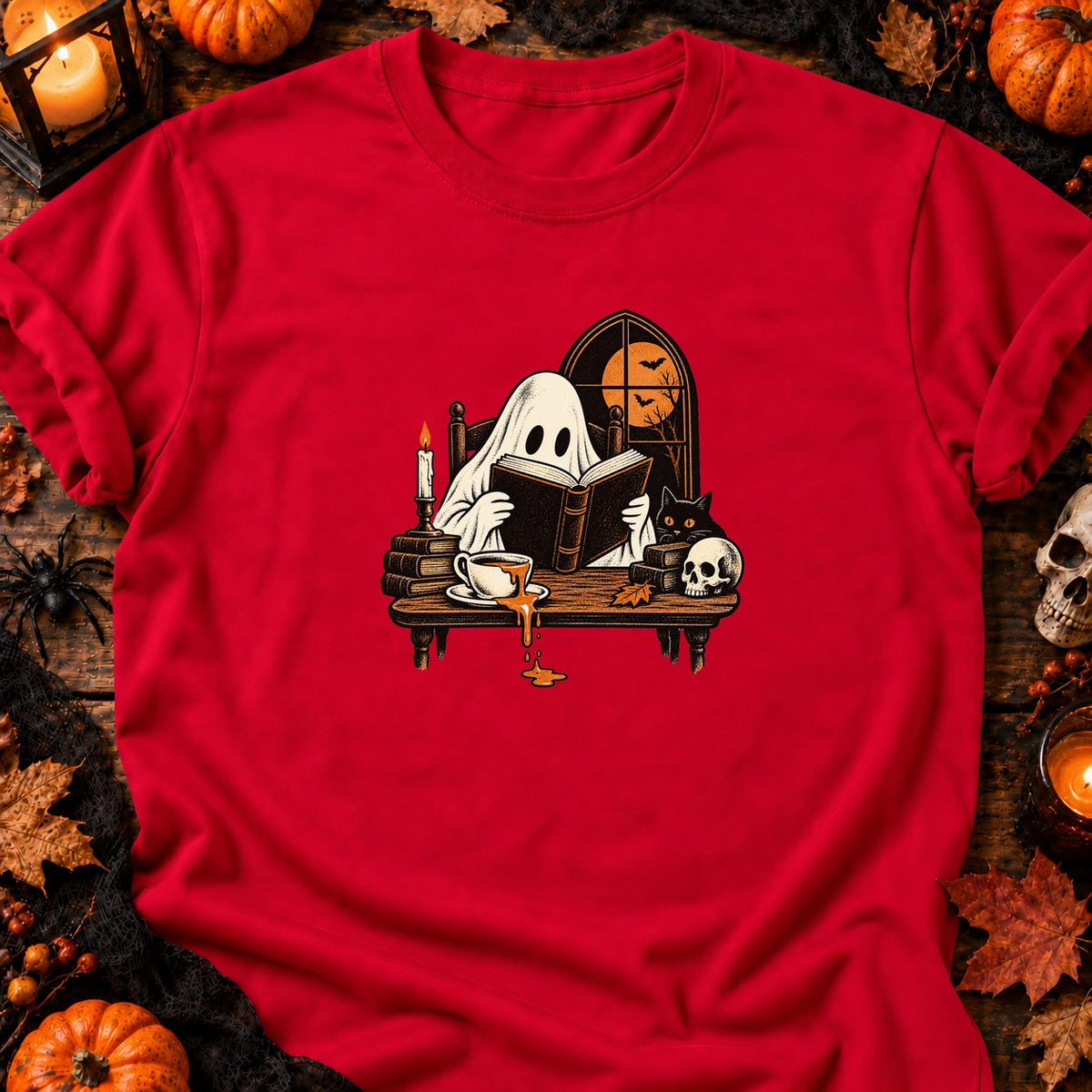 T-shirt Fantôme lecteur et café renversé, coloris rouge