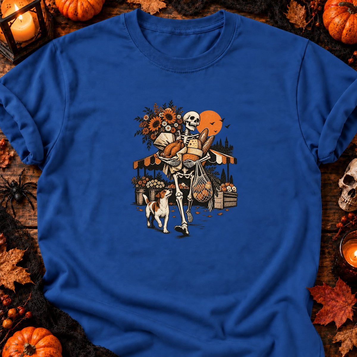 T-shirt Squelette au marché fleuri, coloris bleu roi