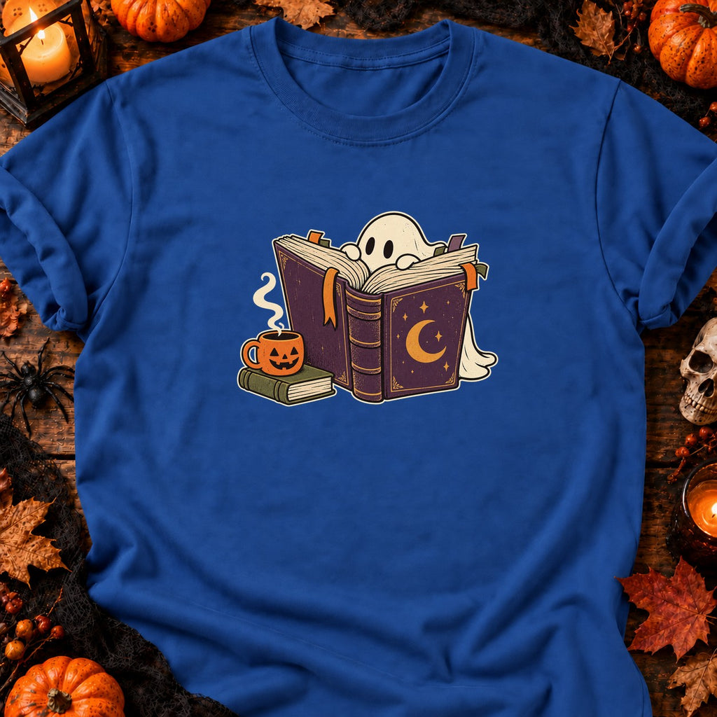 T-shirt Fantôme lecteur et café d’Halloween, coloris bleu roi
