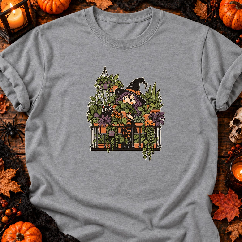 T-shirt Sorcière au balcon et plantes d’Halloween, coloris gris sport