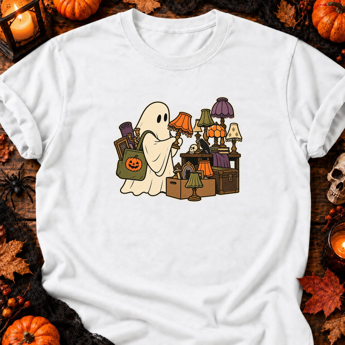 T-shirt Fantôme chineur au brocante vintage, coloris blanc