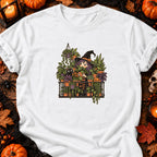 T-shirt Sorcière au balcon et plantes d’Halloween, coloris blanc